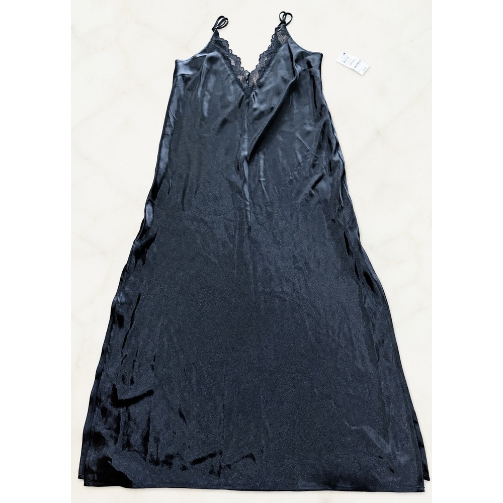 NWT INC International Concepts Black Satin Maxi Nightgown Lace Trim Small - Picture 2 of 12